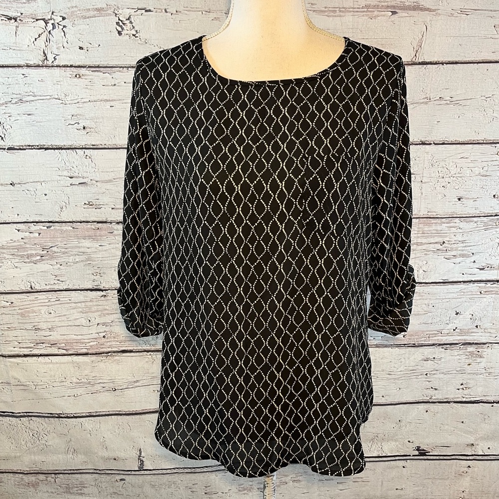 LILY WHITE Blouse Button Up Sleeves & Chest Pocket Black & White-Small - Picture 1 of 3